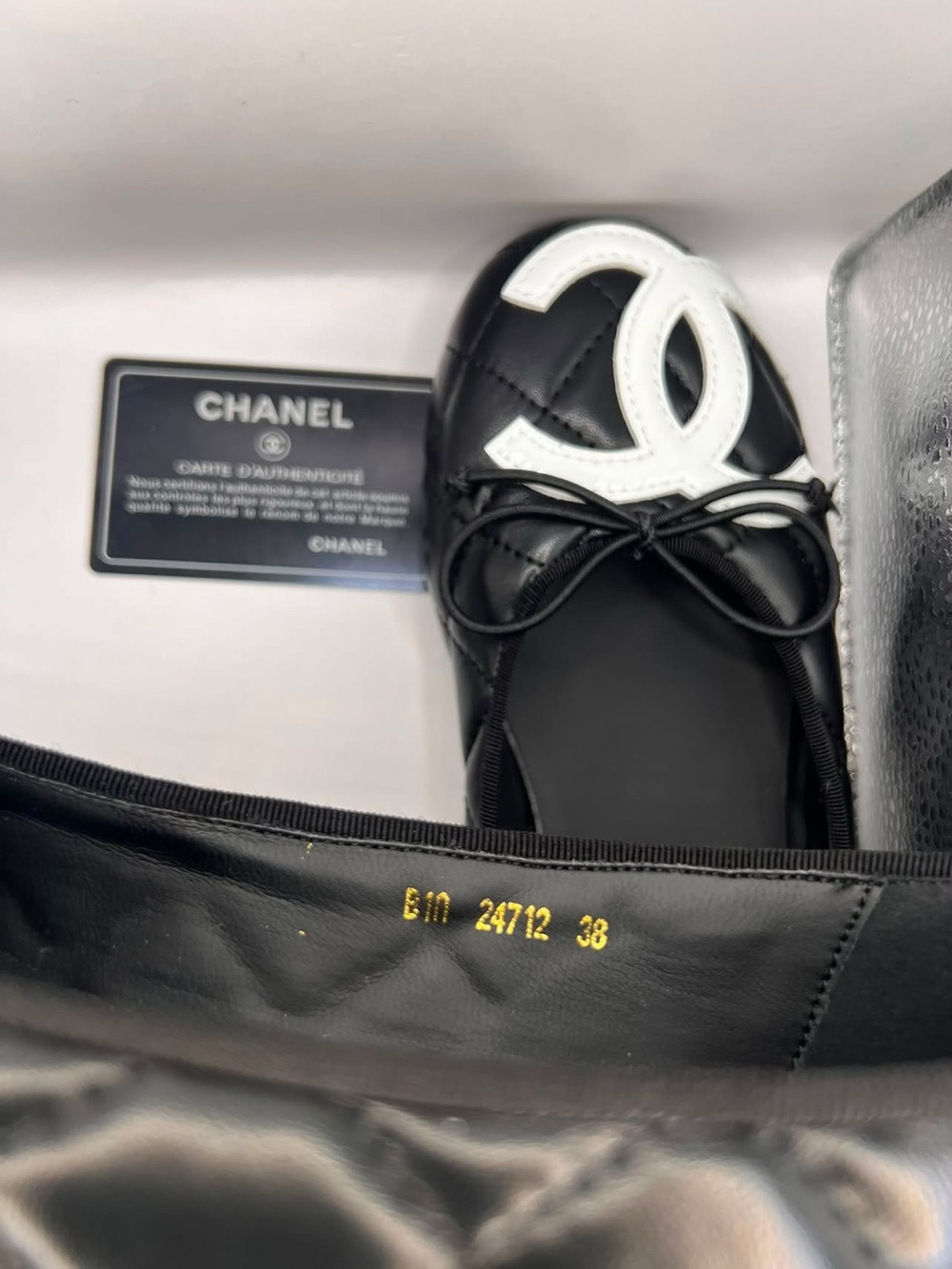 Black Quilted Leather Ballet Flats with White CC Logo - Picture 7 of 7